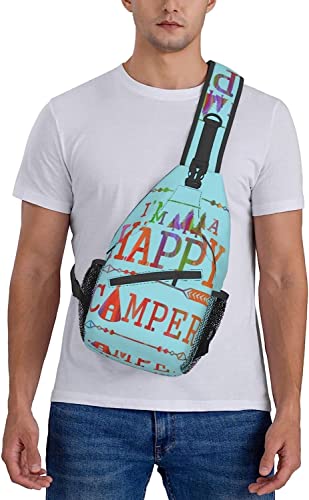 Stylish Chest Sling Bag Camping Mountain Happy Camper Sky Blue,Crossbody Shoulder Backpack Adjustable Chest Bag Lightweight Casual Daypack for Men Women Outdoor Sports Biking Climbing Shopping