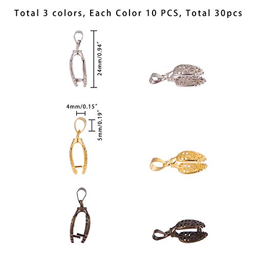 PH PandaHall Pinch Bails Hollow Curved, 30 pcs 3 Colors Brass Bail Clip Clasp Tibetan Dangle Charm Bead Pendant Connector for DIY Necklace Jewelry Craft, Platinum/Antique Bronze/Golden, 24mm, 1mm Pin