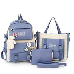 4pcs canvas school backpack combo set with kawaii teddy bear pendant pin cute aesthetic laptop schoolbag shoulder tote bag (blue)