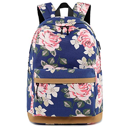 Forestfish Laptop Backpacks With USB Charging Port, Large Capacity Lightweight Floral Printed College Bookbag Casual Daypack (Flower-Dark Blue)