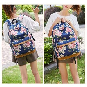 Forestfish Laptop Backpacks With USB Charging Port, Large Capacity Lightweight Floral Printed College Bookbag Casual Daypack (Flower-Dark Blue)