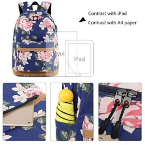 Forestfish Laptop Backpacks With USB Charging Port, Large Capacity Lightweight Floral Printed College Bookbag Casual Daypack (Flower-Dark Blue)