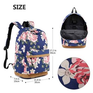 Forestfish Laptop Backpacks With USB Charging Port, Large Capacity Lightweight Floral Printed College Bookbag Casual Daypack (Flower-Dark Blue)