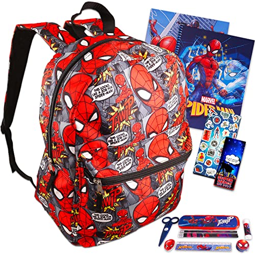 Fast Forward Spiderman Backpack for Boys - Spiderman School Supplies Bundle with 16” Spiderman School Bag Plus Spiderman Folder, Notebook, Pencils, Stickers, and More (Spiderman Travel Bag)