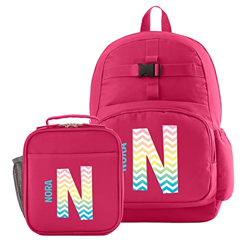 Let's Make Memories Pink Backpack Collection - Personalized Back to School - Book Bag with Lunchbox - Rainbow Chevron