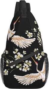 retro japanese embroidery crane cherry blossom cross chest bag diagonally sling backpack crossbody shoulder bag travel hiking daypacks for men women