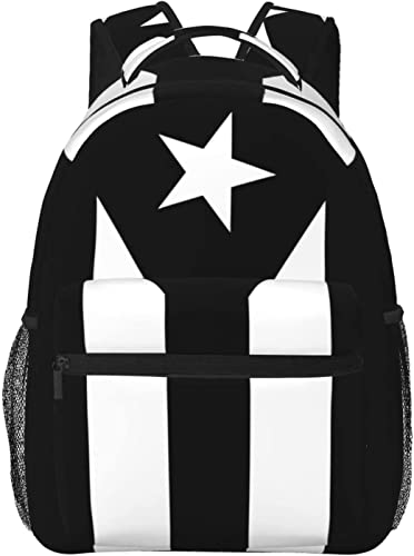 Black and White Puerto Rico Flag Puerto Rican Laptop Backpack School Bookbag, Polyester Anti-Theft Stylish Casual Daypack Bag with Luggage Strap, Travel Business College School Bookbag