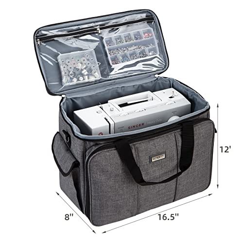 HOMEST Sewing Machine Carrying Case with Multiple Storage Pockets, Universal Tote Bag with Shoulder Strap Compatible with Most Standard Singer, Brother, Janome, Grey (Patent Design)