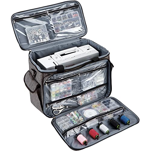 HOMEST Sewing Machine Carrying Case with Multiple Storage Pockets, Universal Tote Bag with Shoulder Strap Compatible with Most Standard Singer, Brother, Janome, Grey (Patent Design)