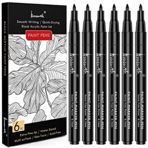 black acrylic paint pens – black paint pens for rock painting, stone, ceramic, glass, wood, fabric, metal, canvas. set of 6 water based black markers for acrylic painting extra fine point tip