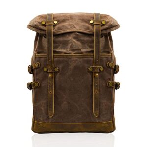waxed canvas leather hiking travel waterproof backpack for school weekend travel fit 15in laptops (coffee)