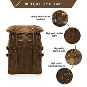 Waxed Canvas Leather Hiking Travel Waterproof Backpack for School Weekend Travel Fit 15in laptops (Coffee)