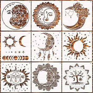 9 pieces mandala sun and moon stencil moon sun flower star stencil mandala sun moon stencils reusable painting templates with metal open ring for diy scrapbooks painting on wood wall home decor supply