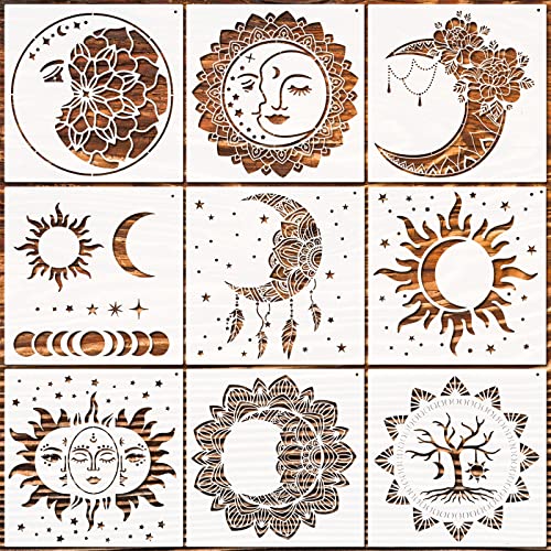 9 Pieces Mandala Sun and Moon Stencil Moon Sun Flower Star Stencil Mandala Sun Moon Stencils Reusable Painting Templates with Metal Open Ring for DIY Scrapbooks Painting on Wood Wall Home Decor Supply