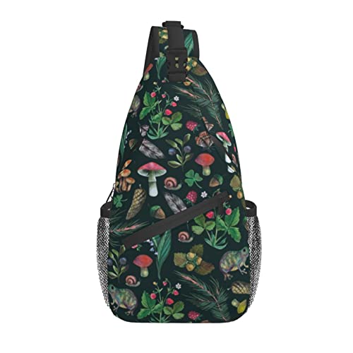 Brituvir Berries Butterfly Frogs Mushrooms Sling Bag Light Shoulder Bag, Travel Backpacks Crossbody Bags For Women Men, Black