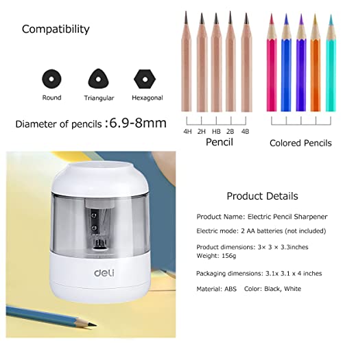 Deli Electric Pencil Sharpener,1 Year Warranty,Suitable for 6-8mm Pencils/ Colored Pencils,5,000 Times for Blade,Children's Gift (Glacier White)