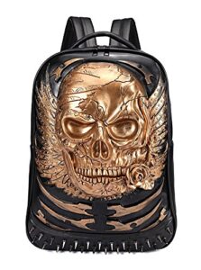 aibag 3d skull head backpack, pu leather gothic cracked rivets studded cool laptop backpack large college bookbag, gold