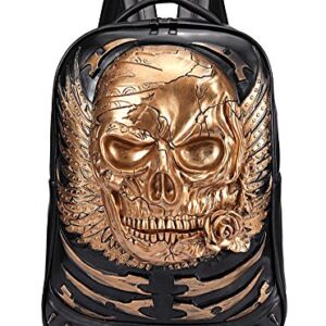 AIBAG 3D Skull Head Backpack, PU Leather Gothic Cracked Rivets Studded Cool Laptop Backpack Large College Bookbag, Gold