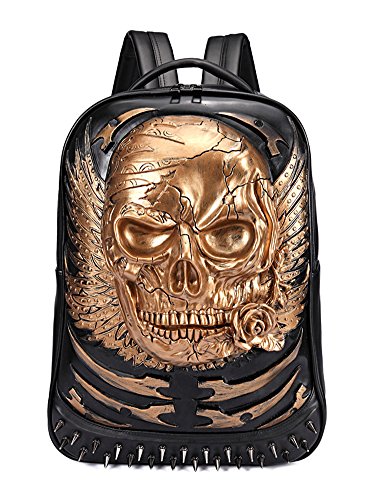 AIBAG 3D Skull Head Backpack, PU Leather Gothic Cracked Rivets Studded Cool Laptop Backpack Large College Bookbag, Gold