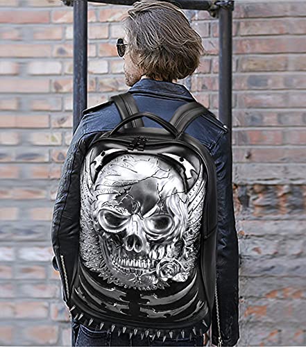 AIBAG 3D Skull Head Backpack, PU Leather Gothic Cracked Rivets Studded Cool Laptop Backpack Large College Bookbag, Gold