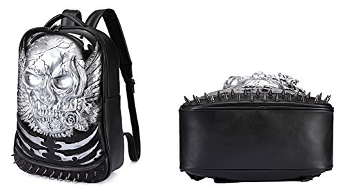 AIBAG 3D Skull Head Backpack, PU Leather Gothic Cracked Rivets Studded Cool Laptop Backpack Large College Bookbag, Gold