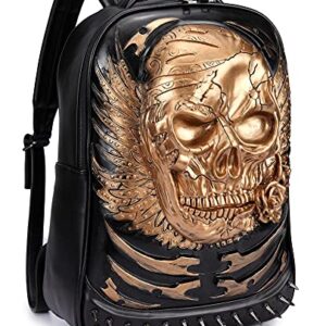 AIBAG 3D Skull Head Backpack, PU Leather Gothic Cracked Rivets Studded Cool Laptop Backpack Large College Bookbag, Gold