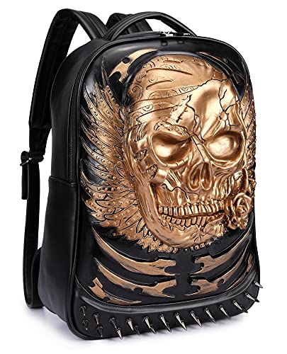 AIBAG 3D Skull Head Backpack, PU Leather Gothic Cracked Rivets Studded Cool Laptop Backpack Large College Bookbag, Gold