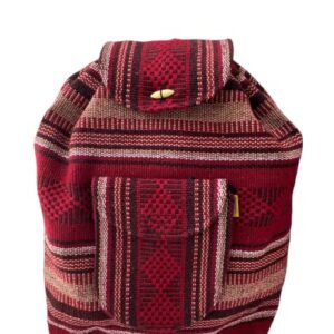 BURGUNDY & TAN , PINZON BACKPACK , FASHION BACKPACK , WOVEN , MEXICAN BACKPACK , SCHOOL BACKPACK , WEEKEND , BEACH BAG , BOHO BAG , CASUAL , DAYPACK , COACHELLA , MOCHILA , MADE IN MEXICO, Red