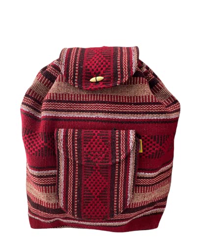 BURGUNDY & TAN , PINZON BACKPACK , FASHION BACKPACK , WOVEN , MEXICAN BACKPACK , SCHOOL BACKPACK , WEEKEND , BEACH BAG , BOHO BAG , CASUAL , DAYPACK , COACHELLA , MOCHILA , MADE IN MEXICO, Red