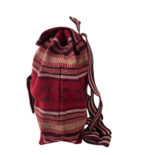 BURGUNDY & TAN , PINZON BACKPACK , FASHION BACKPACK , WOVEN , MEXICAN BACKPACK , SCHOOL BACKPACK , WEEKEND , BEACH BAG , BOHO BAG , CASUAL , DAYPACK , COACHELLA , MOCHILA , MADE IN MEXICO, Red