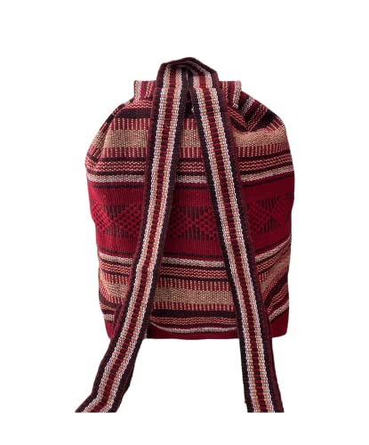 BURGUNDY & TAN , PINZON BACKPACK , FASHION BACKPACK , WOVEN , MEXICAN BACKPACK , SCHOOL BACKPACK , WEEKEND , BEACH BAG , BOHO BAG , CASUAL , DAYPACK , COACHELLA , MOCHILA , MADE IN MEXICO, Red