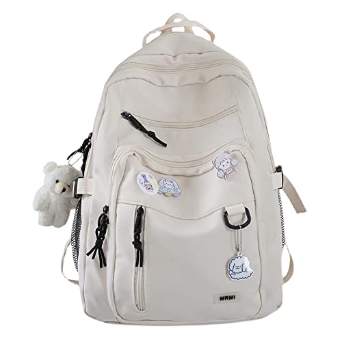 RUBIL Cute Aesthetic Backpacks for Teens Laptop White/Black Kawaii Backpack with Bear Pendant Middle School Bag Student Book Bags