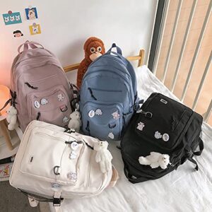 RUBIL Cute Aesthetic Backpacks for Teens Laptop White/Black Kawaii Backpack with Bear Pendant Middle School Bag Student Book Bags