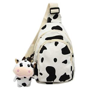 unisex canvas daypack, cartoon printed cows chest bag, small sling bag with hanging pendant for women lady, white