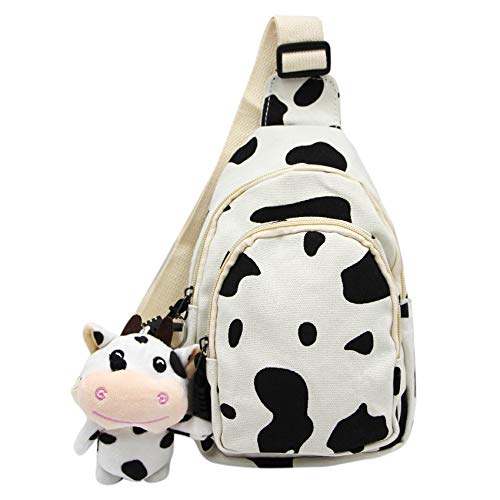 Unisex Canvas Daypack, Cartoon Printed Cows Chest Bag, Small Sling Bag with Hanging Pendant for Women Lady, White