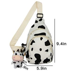 Unisex Canvas Daypack, Cartoon Printed Cows Chest Bag, Small Sling Bag with Hanging Pendant for Women Lady, White