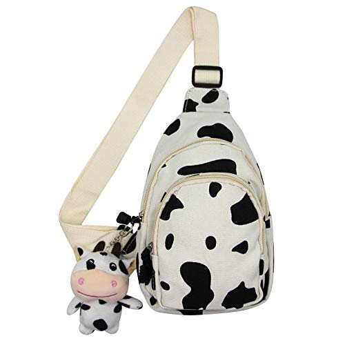 Unisex Canvas Daypack, Cartoon Printed Cows Chest Bag, Small Sling Bag with Hanging Pendant for Women Lady, White