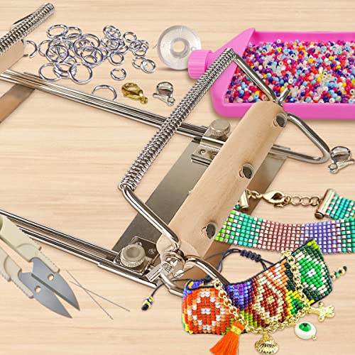 hobbyworker The Second Generation Adjustable Bead Loom Kit with Seed Beads,Large Eye Curved Beading Needle,Bead Funnel Tray,Lobster Clasp,Open Ring and Bead Mat for Jewelry Making kit