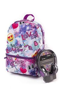 fab starpoint unicorn backpack for girls with headphones – large, 16 inch, girls school backpack set