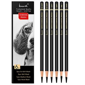 brusarth professional charcoal pencils drawing set 6 pieces (ex-soft, soft, medium, & hard) charcoal pencils for drawing, sketching, shading, artist pencils for beginners & artists