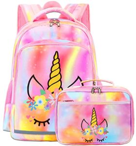 girls backpack for kids preschool backpack with lunch box kindergartern school bookbags set (rainbow unicorn)