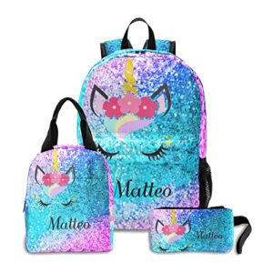 personalized name teen school backpack, unicorn glitter bookbag set with insulated lunch tote pencil case travel bag