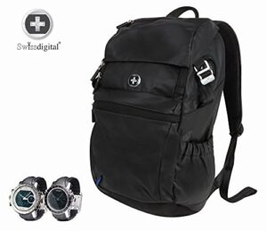 swissdigital design sound byte laptop gaming backpack, with bluetooth speaker, charging port, for laptops up to 15″, black (sd-03b)