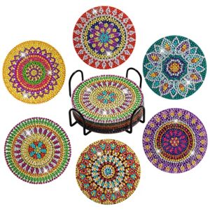 fstslk diamond art kits – 6 pcs diamond painting coasters with holder – diy mandala coasters for beginners, adults & kids art craft supplies – cool valentines day gifts & easter basket stuffers