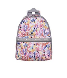 lesportsac botanical burst basic backpack/rucksack, style 7812/color f972, abstract watercolor style floral, artfully arranged in vibrant tropical hues of purple, pink, blue, yellow