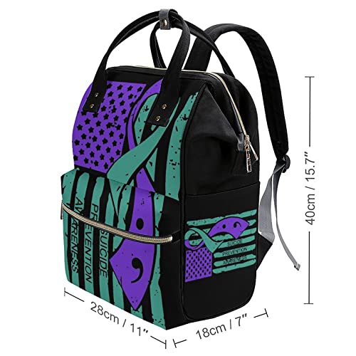 Suicide Prevention Awareness Flag Waterproof Mommy Backpack Shoulder Bag Stylish Nappy Daypack For Travel Shopping black-style