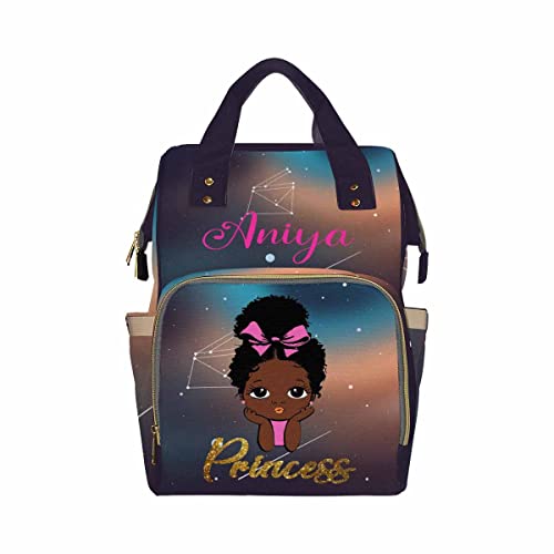 Newcos Personalized African Black Girl Diaper Bag Backpack with Name Custom Afro Princess Mommy Nursing Baby Bags for Women, One Size