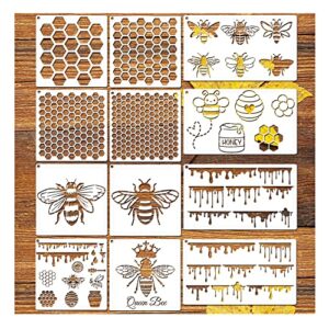 12 pieces bee honeycomb stencil, reusable bee stencils for painting on wood signs furniture diy crafts wall canvas fabric plastic drawing template hexagon paint wood burning stencils (bee)