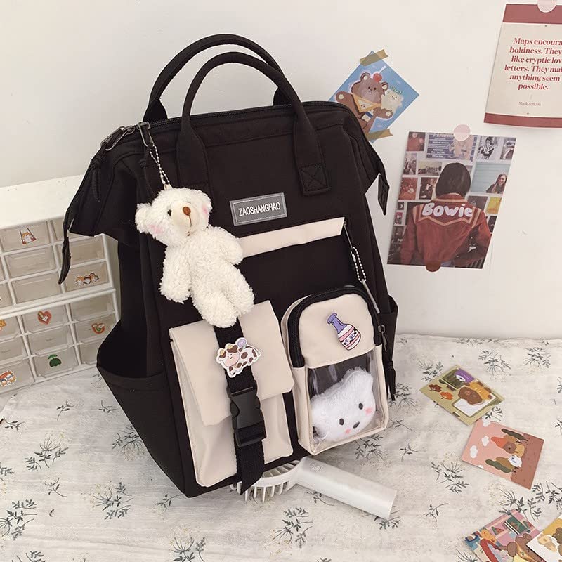 AZLNRMU Kawaii harajuku backpack bear pendant pins decoration teenage daypack gift for birthday Christmas (black)