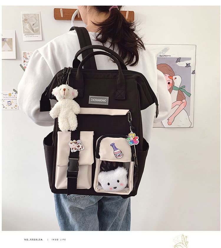 AZLNRMU Kawaii harajuku backpack bear pendant pins decoration teenage daypack gift for birthday Christmas (black)